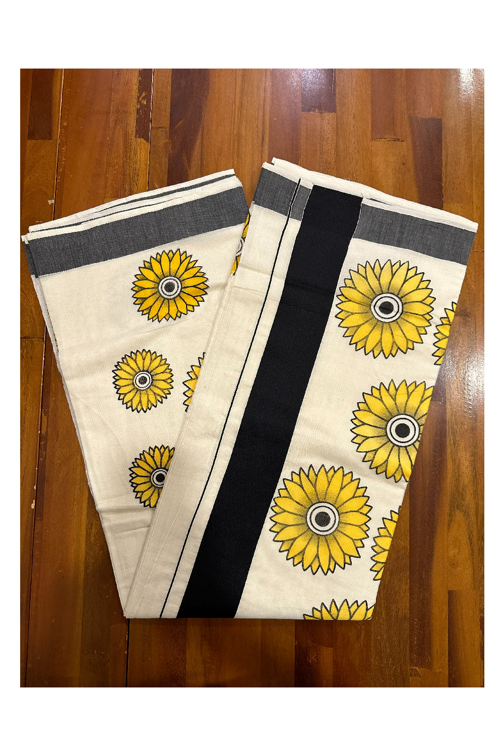 Kerala Cotton Saree with Sunflower Prints on Body and Black Border (Onam Saree 2023)