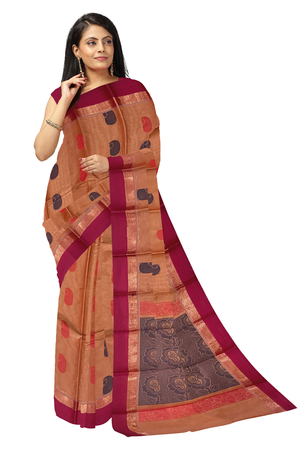 Southloom Cotton Brown Saree with Woven Butta Works on Body and Pallu