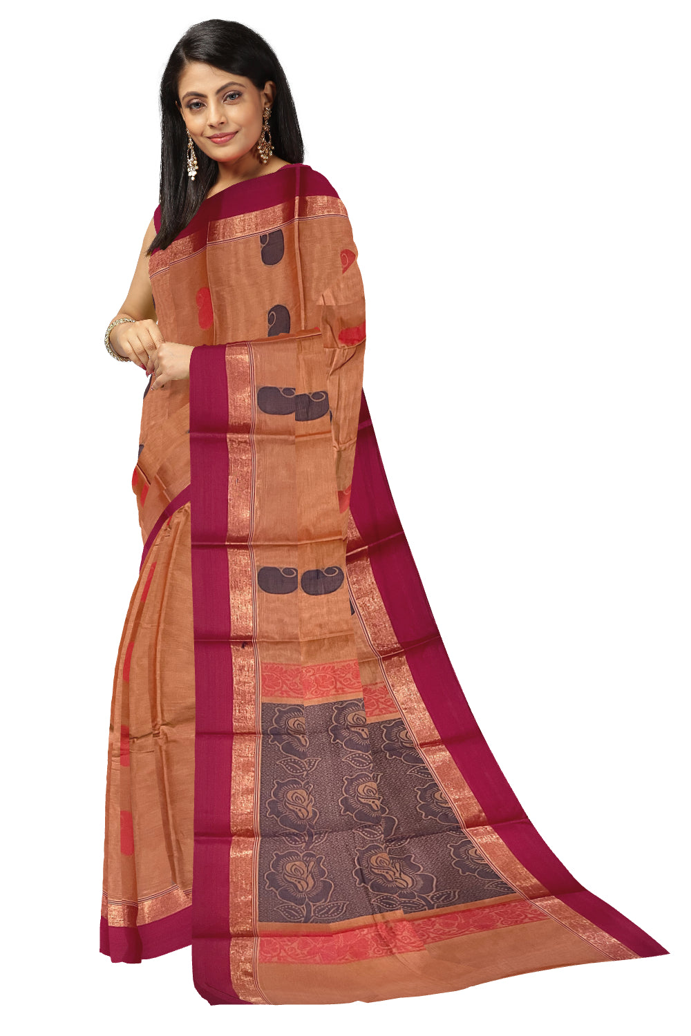 Southloom Cotton Brown Saree with Woven Butta Works on Body and Pallu