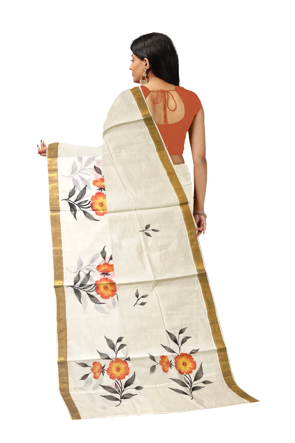 Kerala Cotton Kasavu Saree with Floral Painted Designs