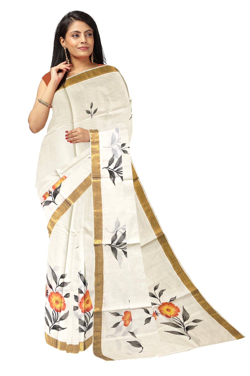 Kerala Cotton Kasavu Saree with Floral Painted Designs