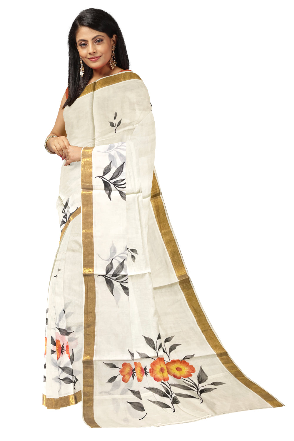 Kerala Cotton Kasavu Saree with Floral Painted Designs