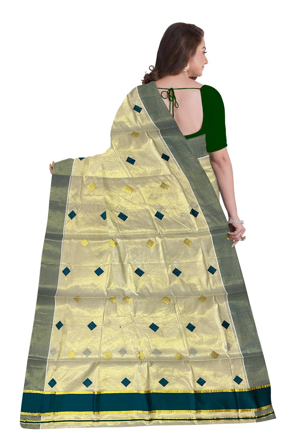 Kerala Tissue Kasavu Saree with Green Woven Butta Designs and Tassels Works