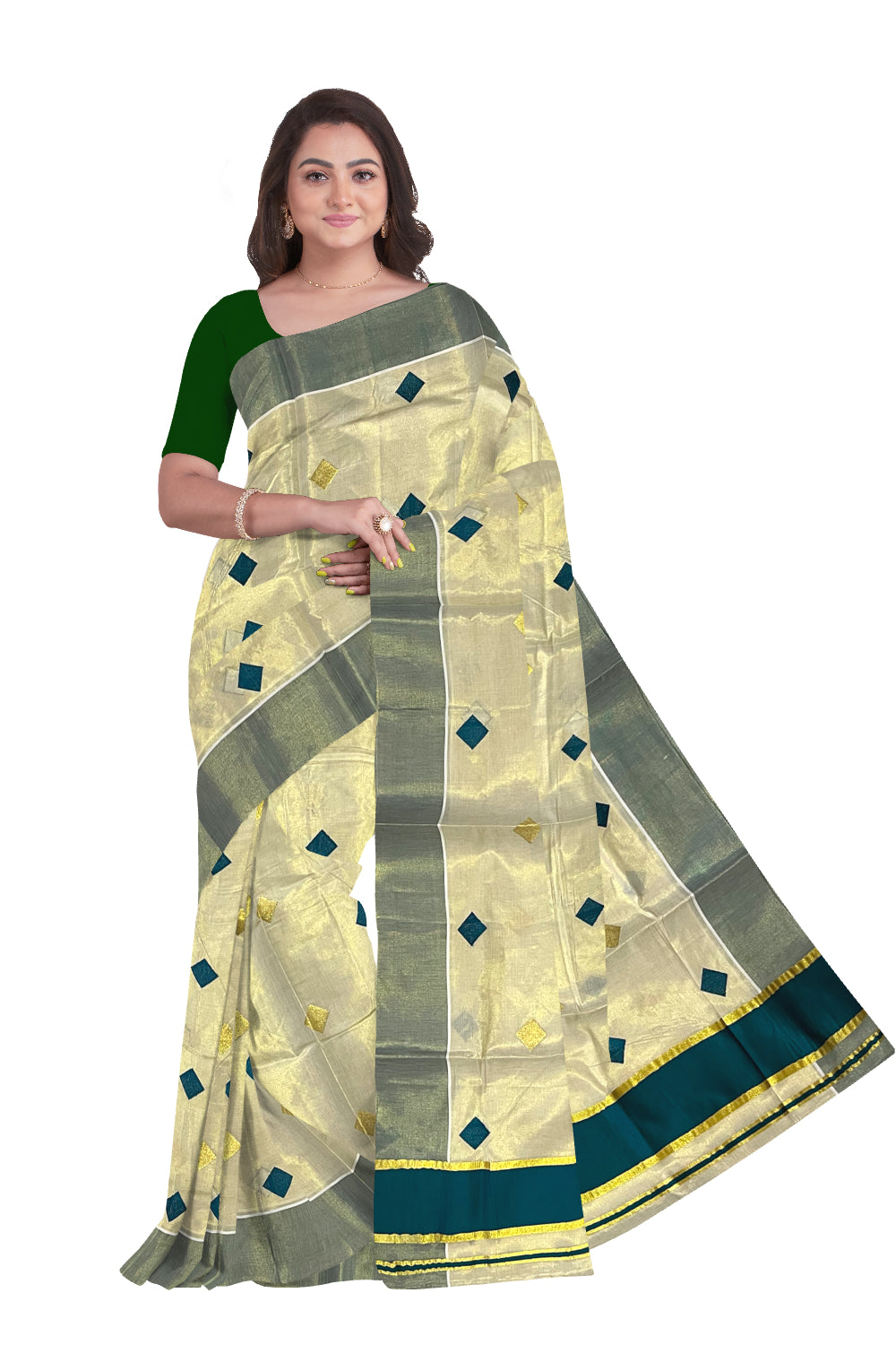 Kerala Tissue Kasavu Saree with Green Woven Butta Designs and Tassels Works