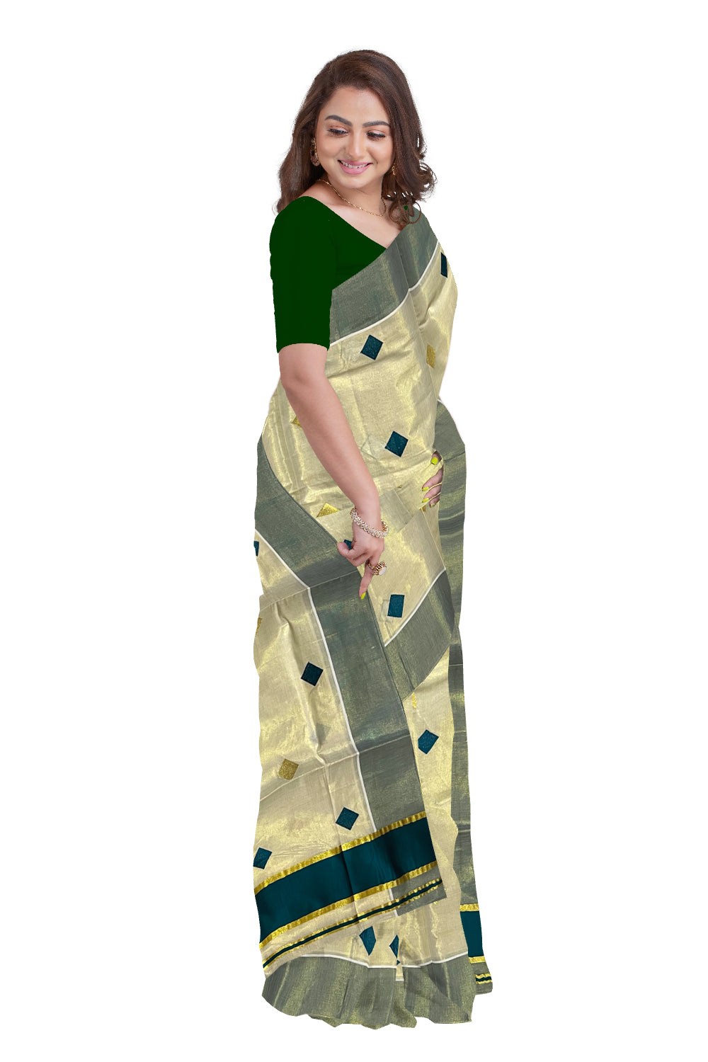 Kerala Tissue Kasavu Saree with Green Woven Butta Designs and Tassels Works