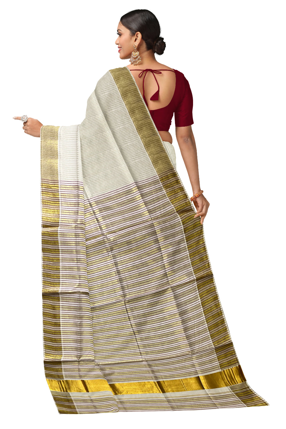 Pure Cotton Kerala Kasavu Saree with Lines Designs on Body and Maroon Lines on Munthani