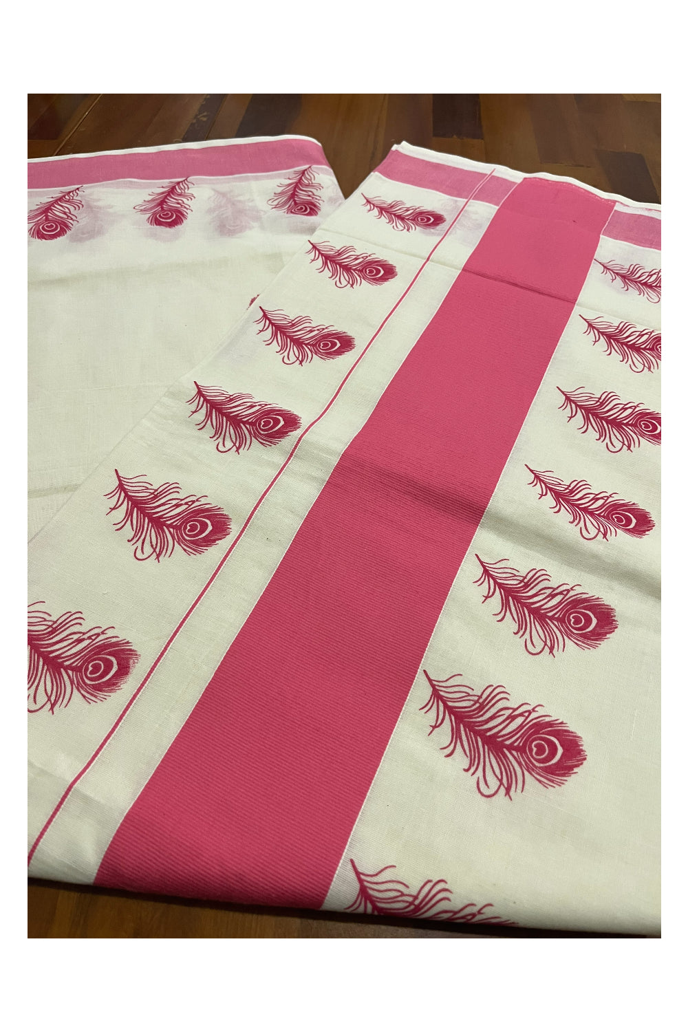 Pure Cotton Kerala Saree with Pink Feather Block Printed Border