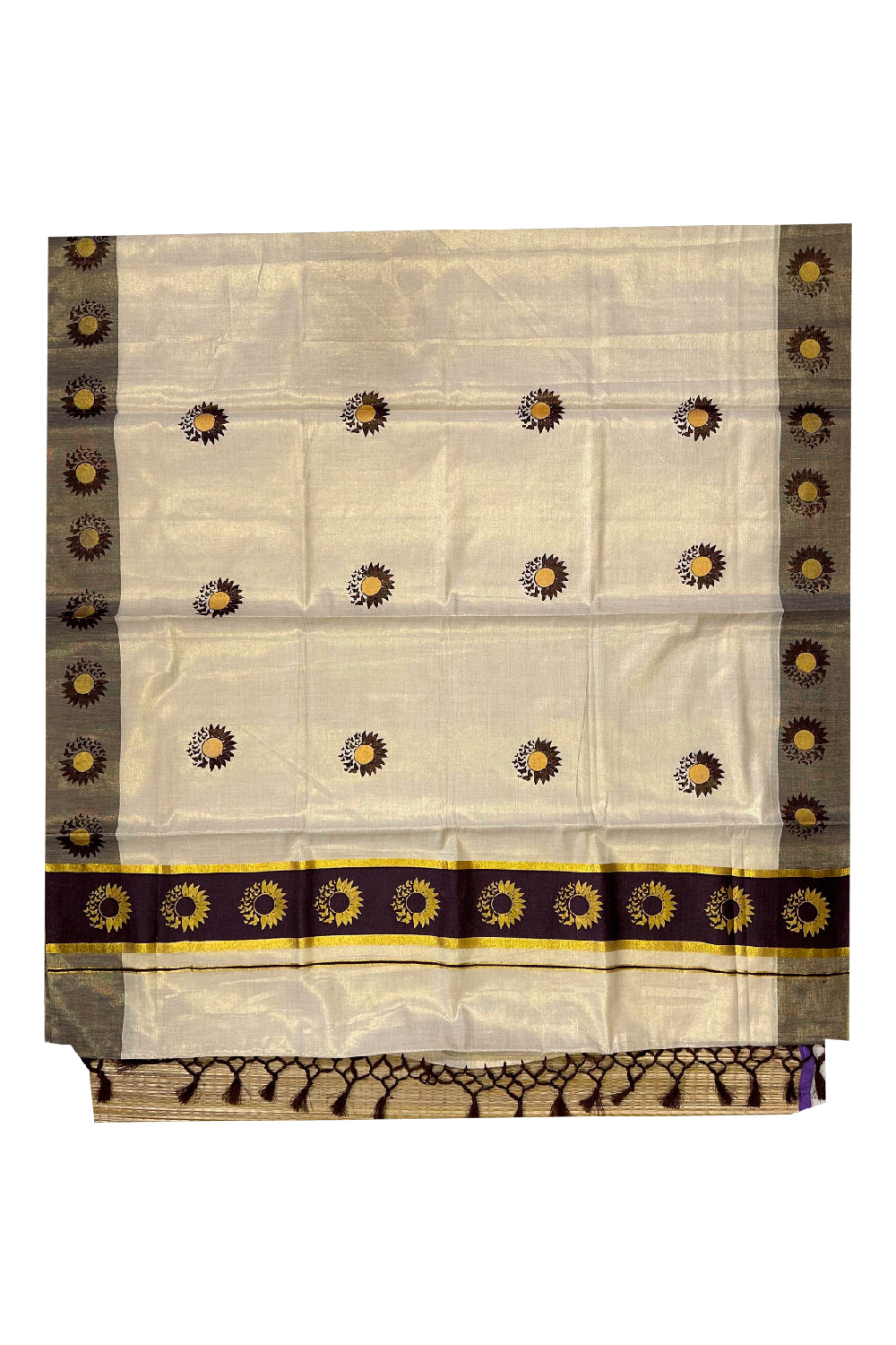 Kerala Tissue Kasavu Saree with Brown and Golden Block Prints on Border (Onam Saree 2023)