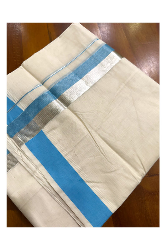 Kerala Pure Cotton Off White Double Mundu with Silver Kasavu And Blue Kara (South Indian Kerala Dhoti)