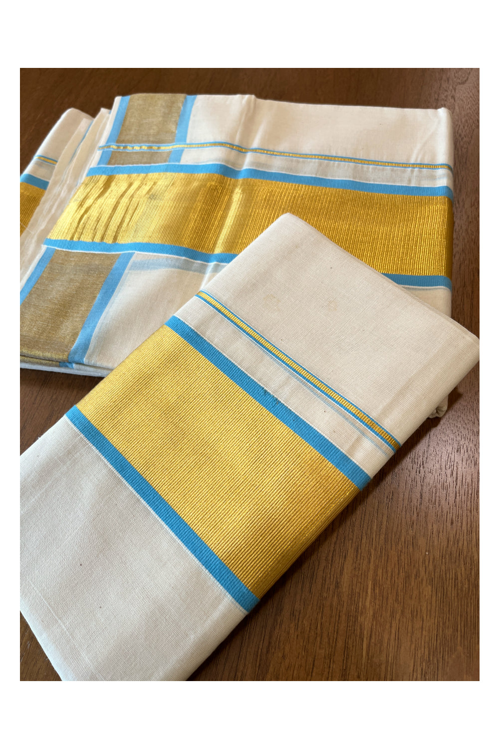 Cotton Mundum Neriyathum Double (Set Mundu) with Blue and Kasavu Border