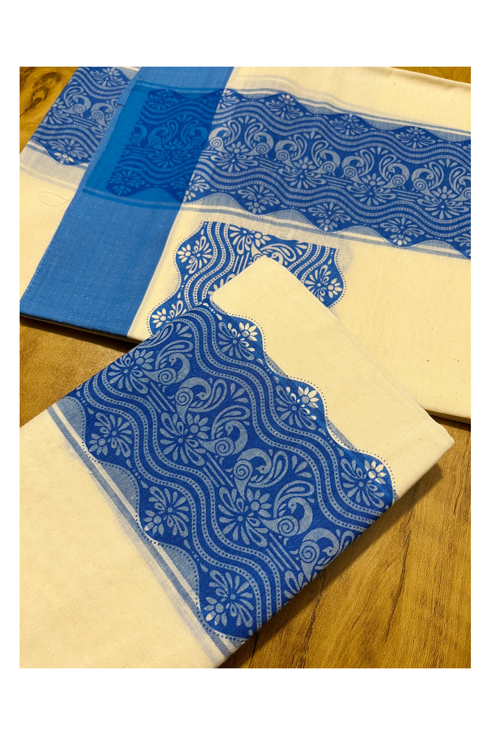 Kerala Cotton Single Set Mundu (Mundum Neriyathum) with Blue Block print Work Border 2.80Mtrs