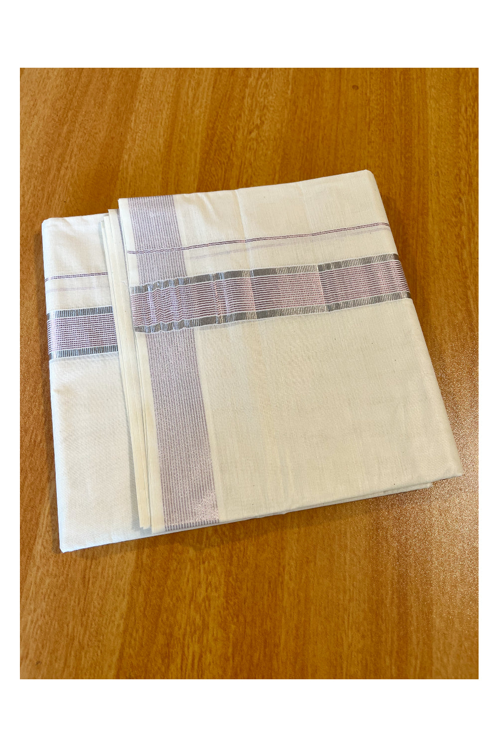 Off White Kerala Cotton Double Mundu with Silver Kasavu And Rose Copper Kasavu Lines Border (South Indian Dhoti)