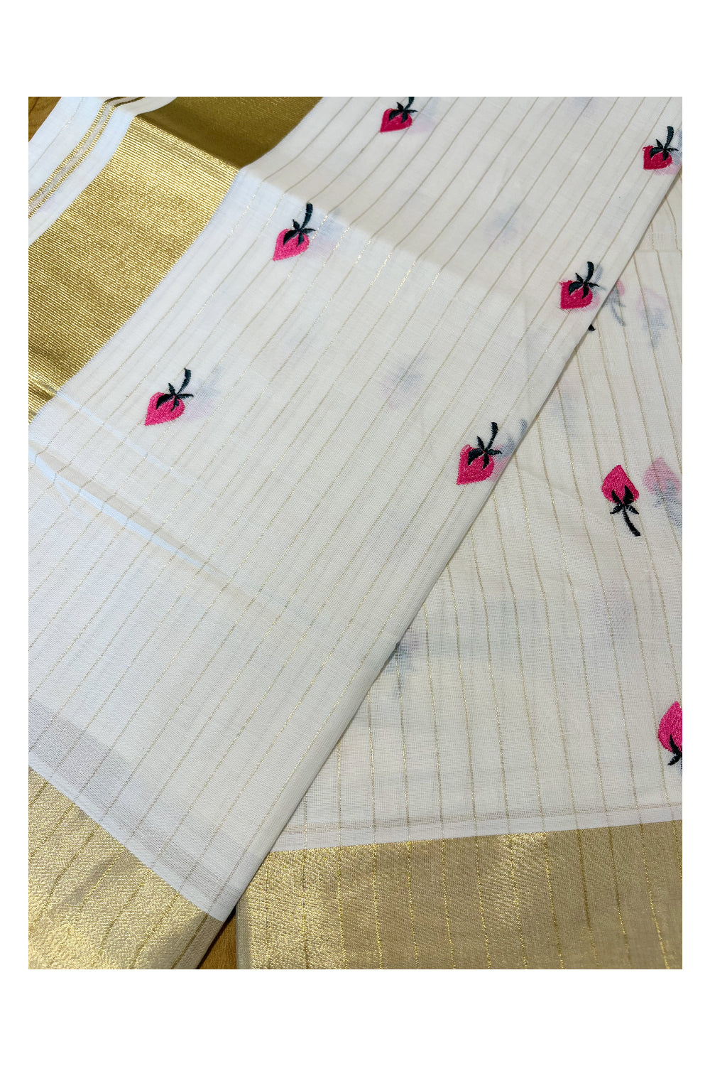 Kerala Cotton Kasavu Lines Saree with Pink Floral Embroidery Works On Body