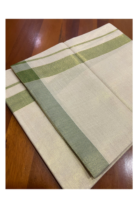 Kerala Tissue Otta Mundu with Green Lines Border (South Indian Kerala Dhoti)