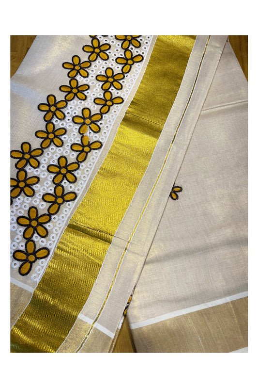 Kerala Tissue Kasavu Saree with Yellow Floral Embroidery Works