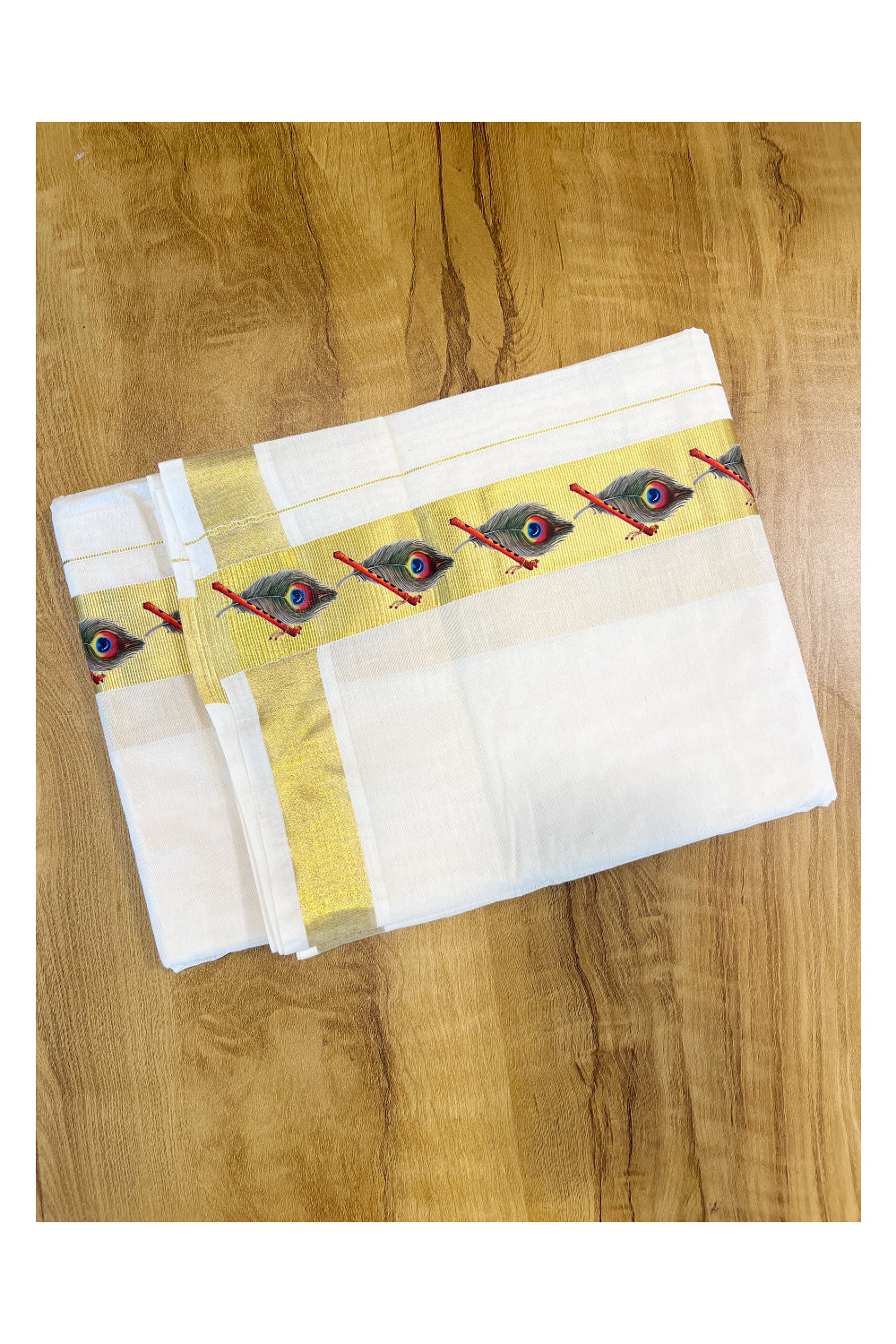 Kerala Pure Cotton Double Mundu with Feather and Flute Hand Painted Designs on Kasavu Border(South Indian Kerala Dhoti)