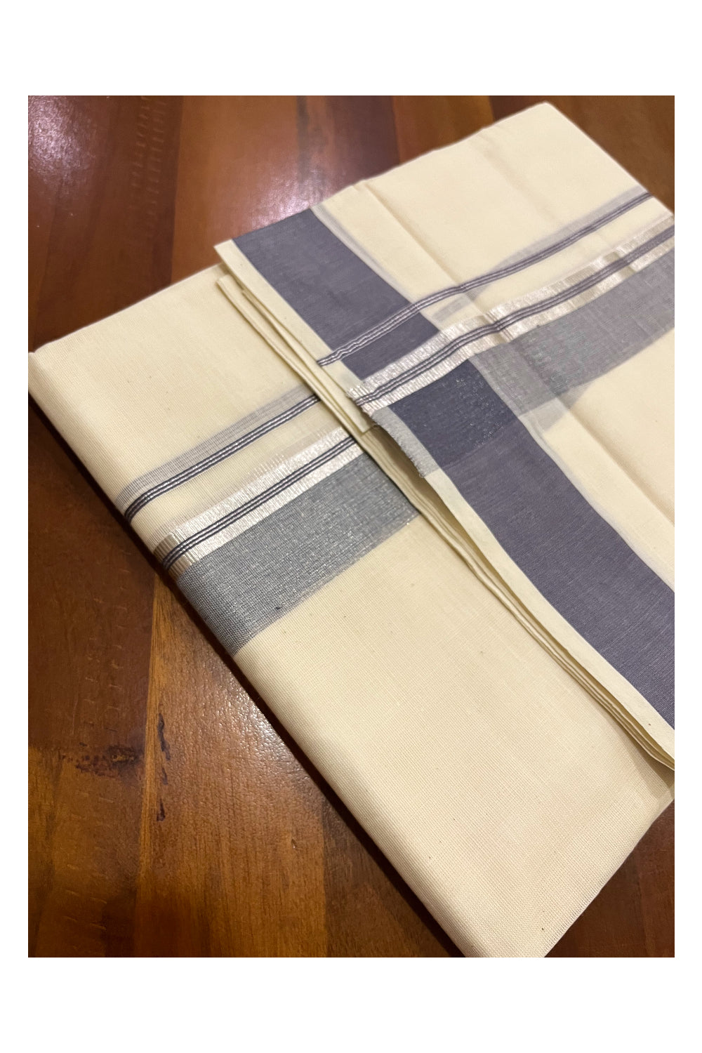 Kerala Cotton Double Mundu with Grey and Silver Kasavu Border (Onam Mundu 2023)