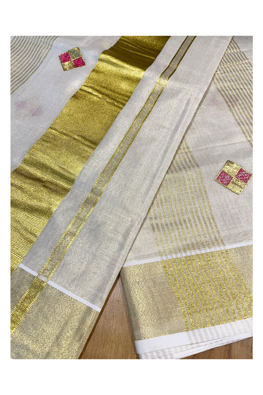 Kerala Tissue Kasavu Stripes Saree with Pink and Golden Diagonal Floral Embroidery Design on Body