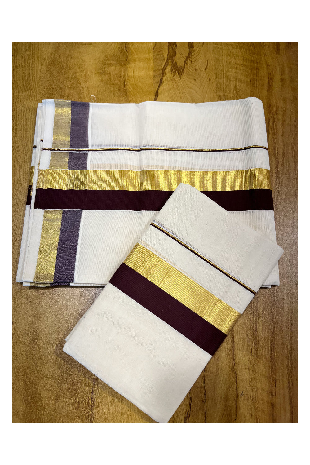 Kerala Cotton Set Mundu (Mundum Neriyathum) with Brown and Kasavu Border 2.80 Mtrs