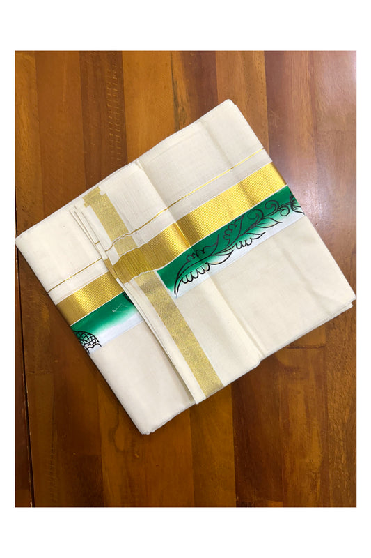 Kerala Pure Cotton Double Mundu with Hand Painted Designs on Kasavu Border(South Indian Kerala Dhoti)