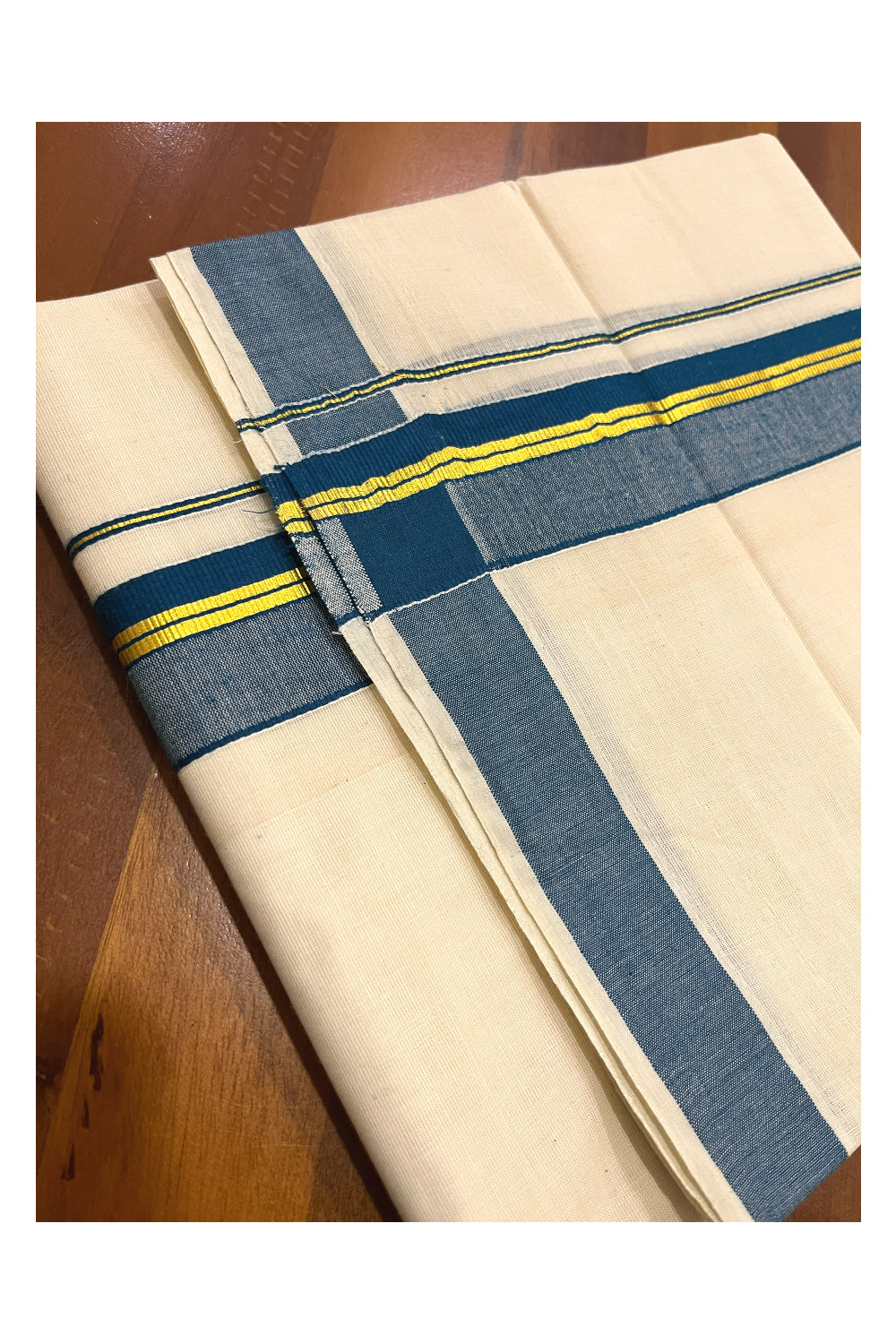 Pure Cotton Kerala Double Mundu with Kasavu and Blue Kara (South Indian Kerala Dhoti)