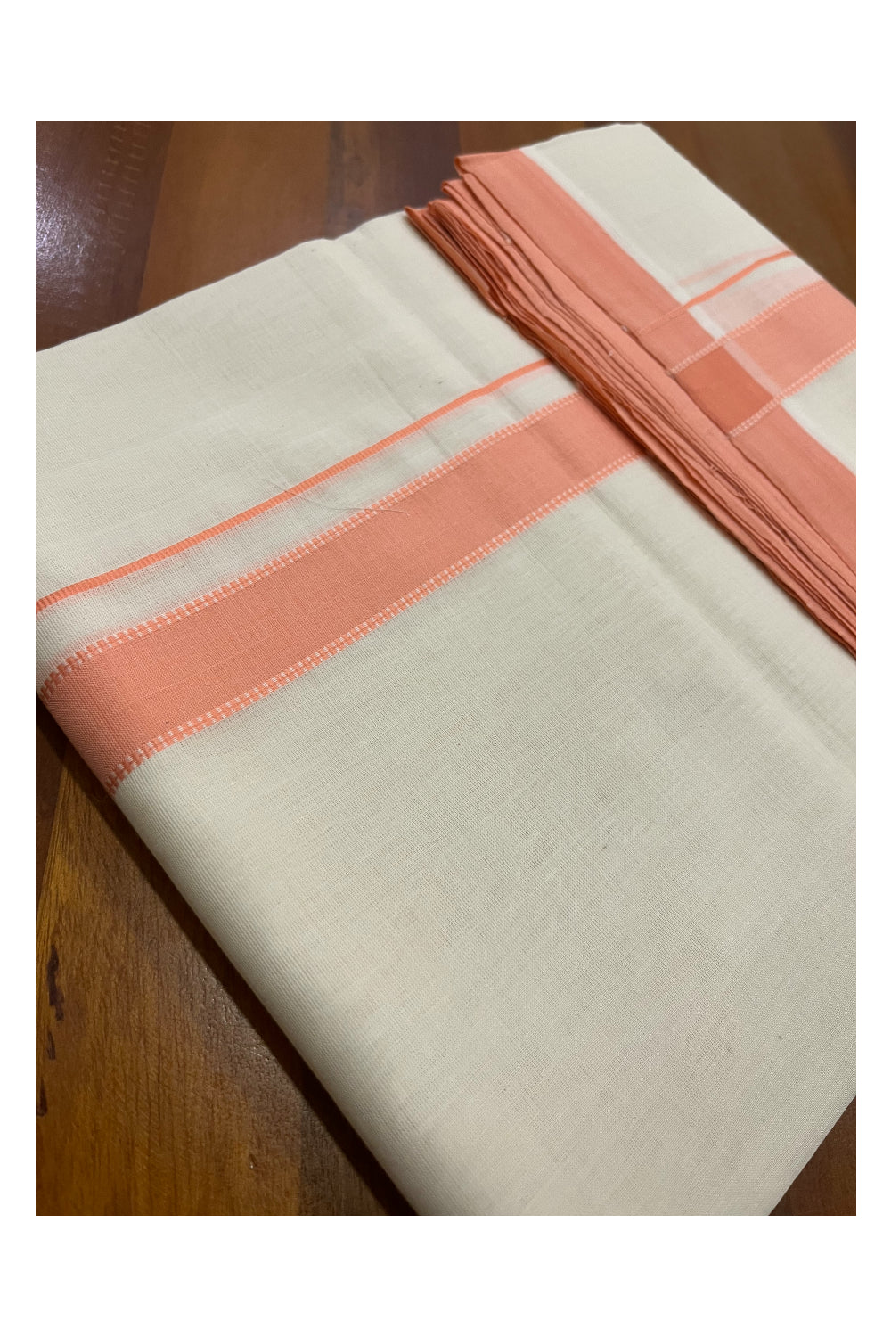 Southloom Premium Balaramapuram Unakkupaavu Handloom Mundu with Peach Border (South Indian Kerala Dhoti)