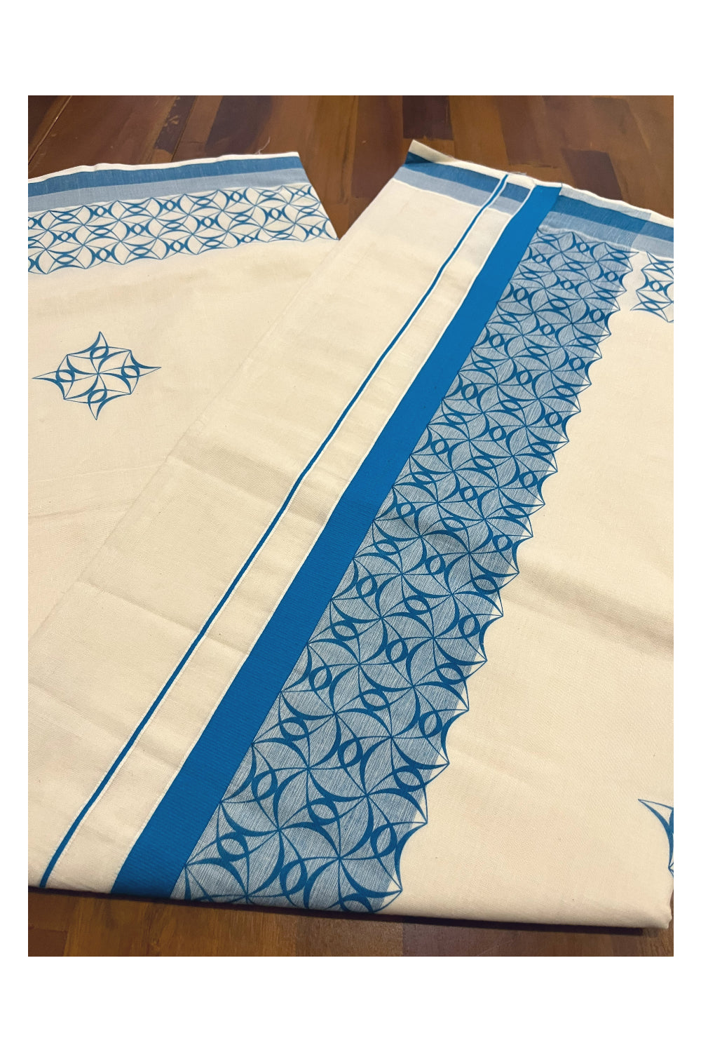 Pure Cotton Off White Kerala Saree with Blue Block Printed Border (Onam Saree 2023)