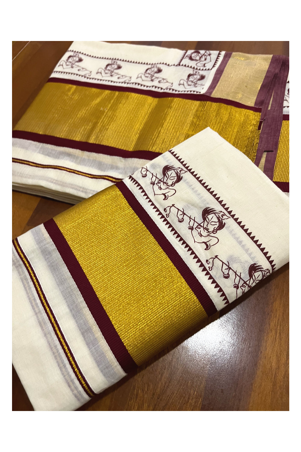 Pure Cotton Kerala Single Set Mundu (Mundum Neriyathum) with Maroon Block Printed Kasavu Border