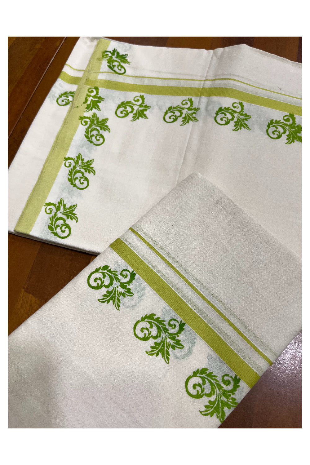 Kerala Pure Cotton Set Mundu Single (Mundum Neriyathum) with Light Green Block Prints