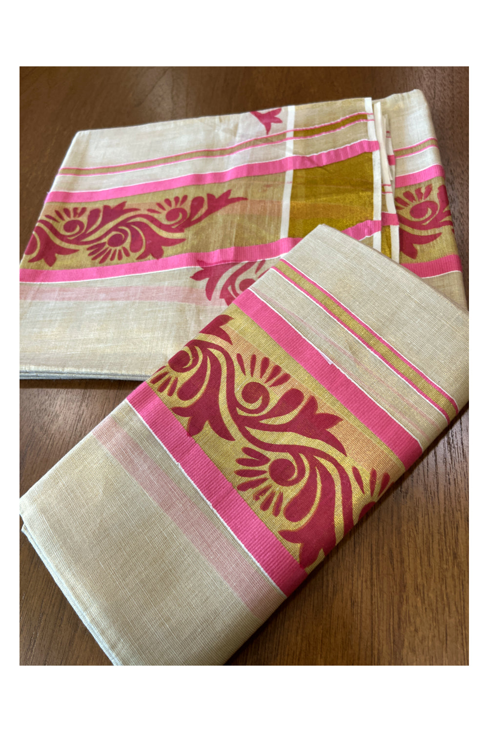 Kerala Tissue Set Mundu (Mundum Neriyathum) with Pink Floral Block Prints on Border 2.80 Mtrs