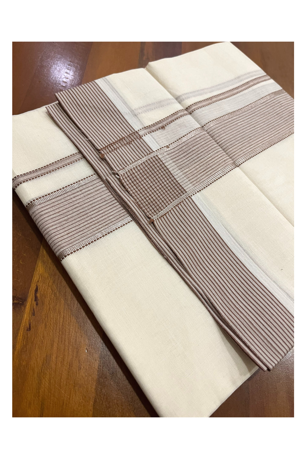 Pure Cotton 100x100 Double Mundu with Brown and Silver Kasavu Kara (Onam Mundu 2023)