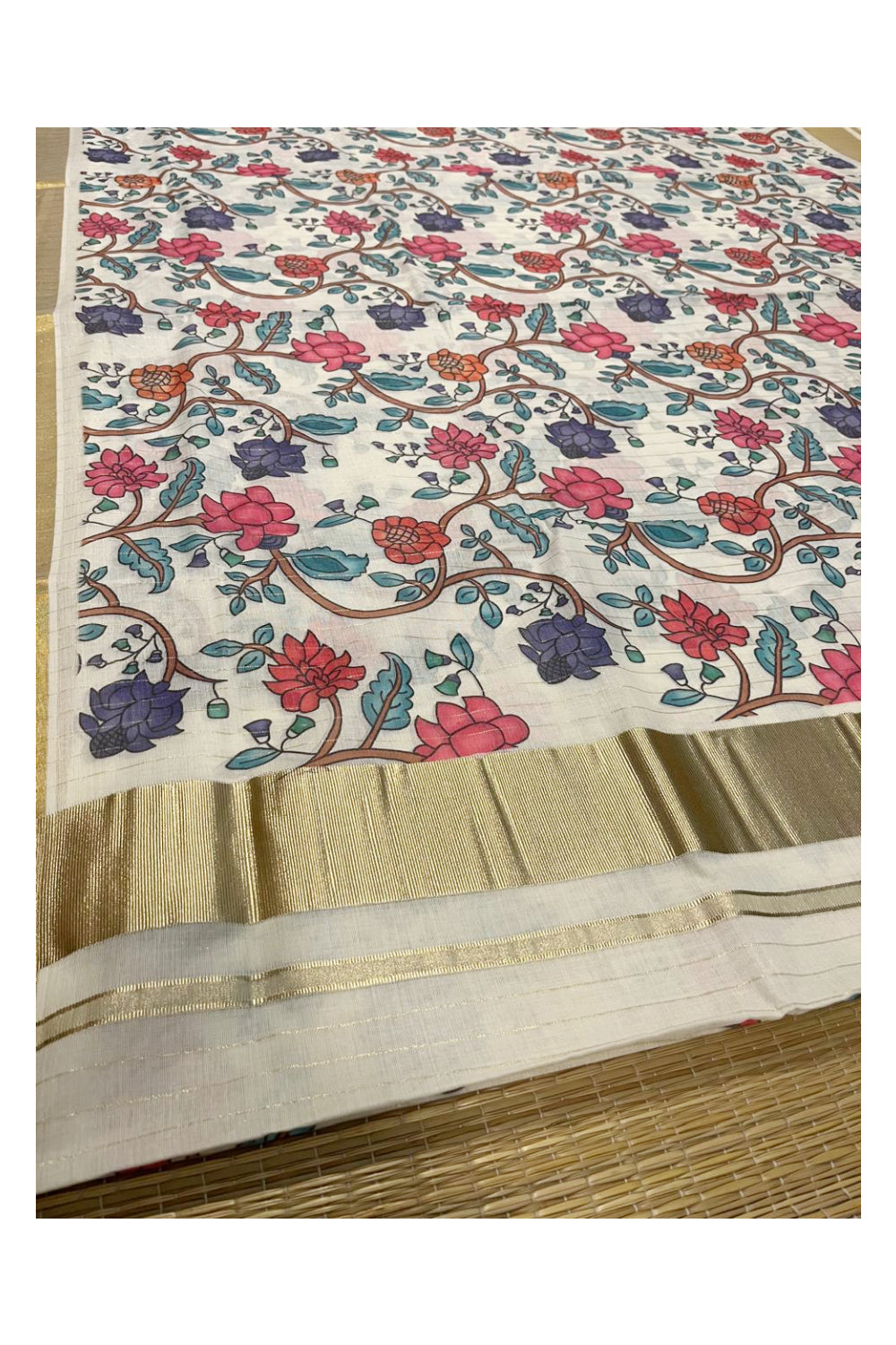 Kerala Cotton Kasavu Lines Saree with Floral Kalamkari Design