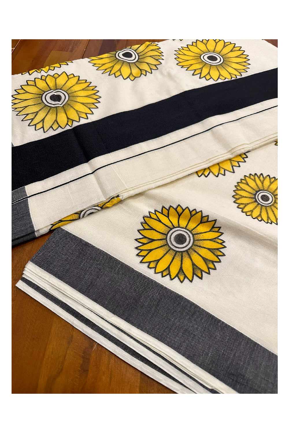 Kerala Cotton Saree with Sunflower Prints on Body and Black Border (Onam Saree 2023)