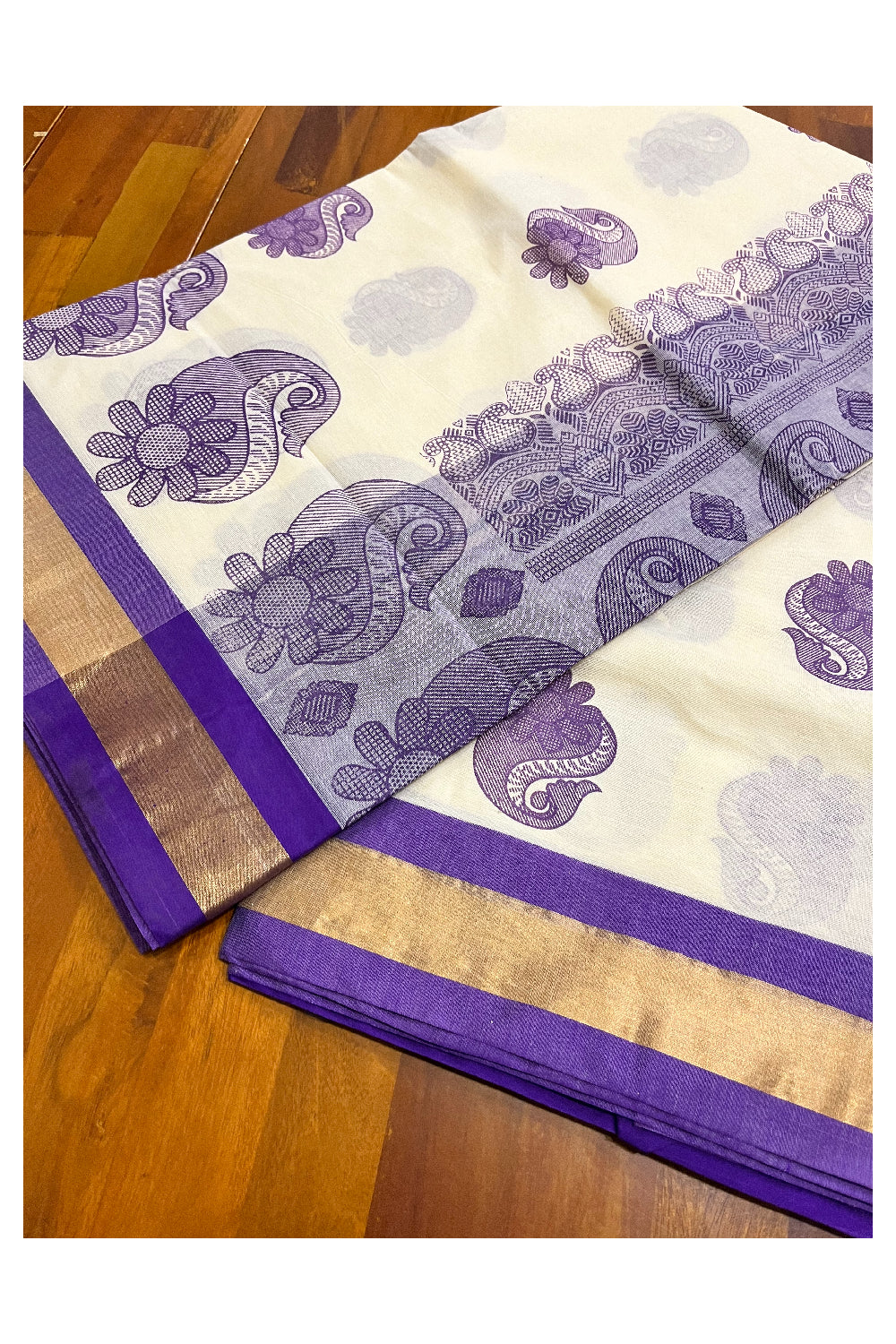 Pure Cotton Kerala Saree with Violet Block Prints and Kasavu Border (Vishu 2024 Collection)