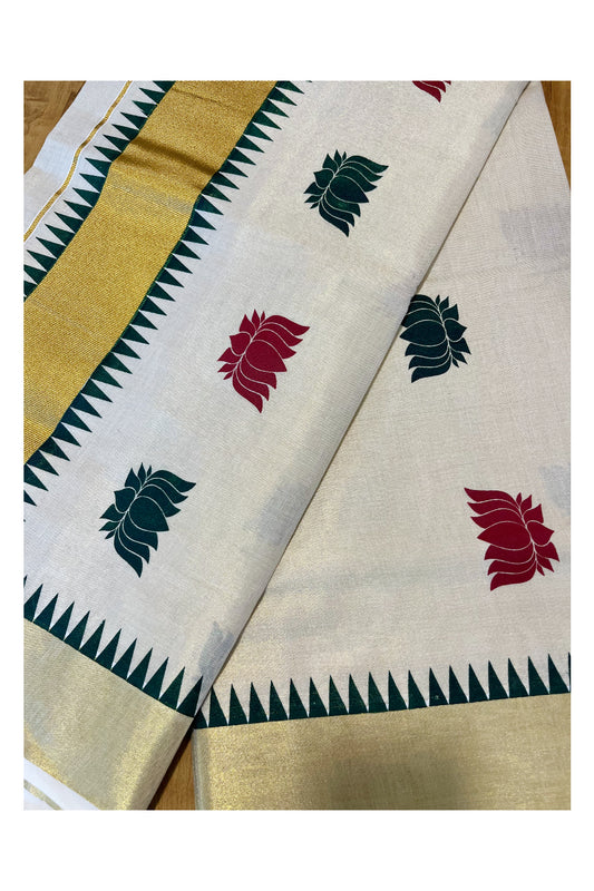 Kerala Tissue Kasavu Saree with Green and Maroon Lotus Block Prints