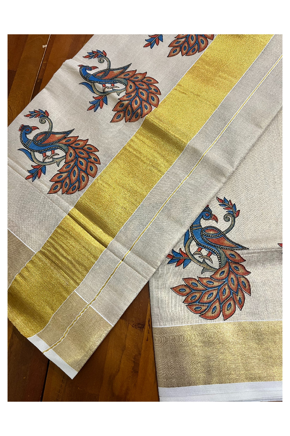 Kerala Tissue Kasavu Saree with Peacock Block Printed Designs