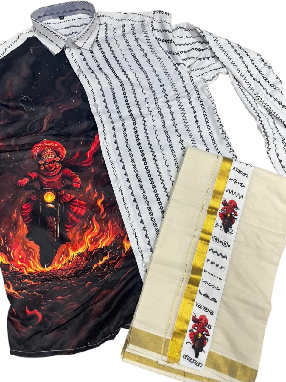 Southloom Premium Satin Theyyam Digital Printed Design Men's Combo  (Shirt + Mundu) SL576