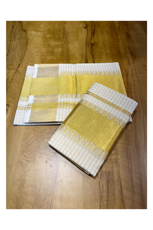 Southloom Handloom Premium Cotton Kasavu Check Set Mundu With Temple Woven Patterns On Border (Mundum Neriyathum) 2.80 Mtrs