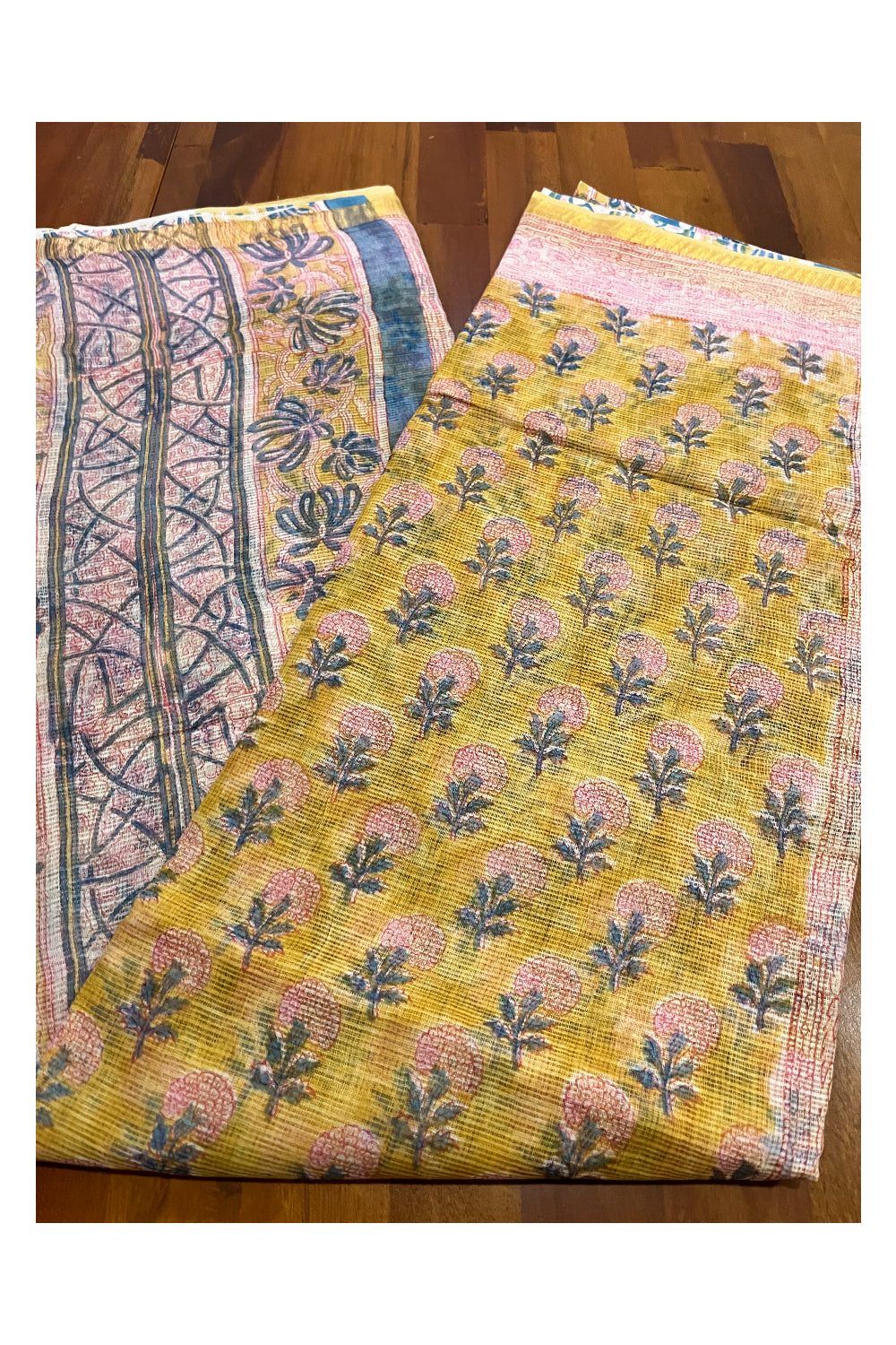 Southloom Kota Fabric Floral Printed Yellow Saree