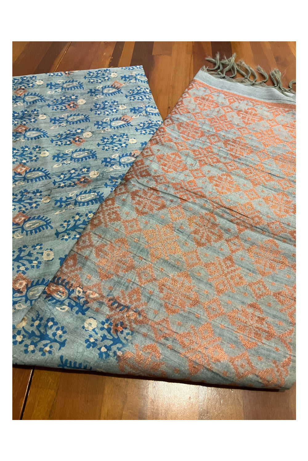 Southloom Semi Tussar Blue Floral Woven Designer Saree with Copper Border