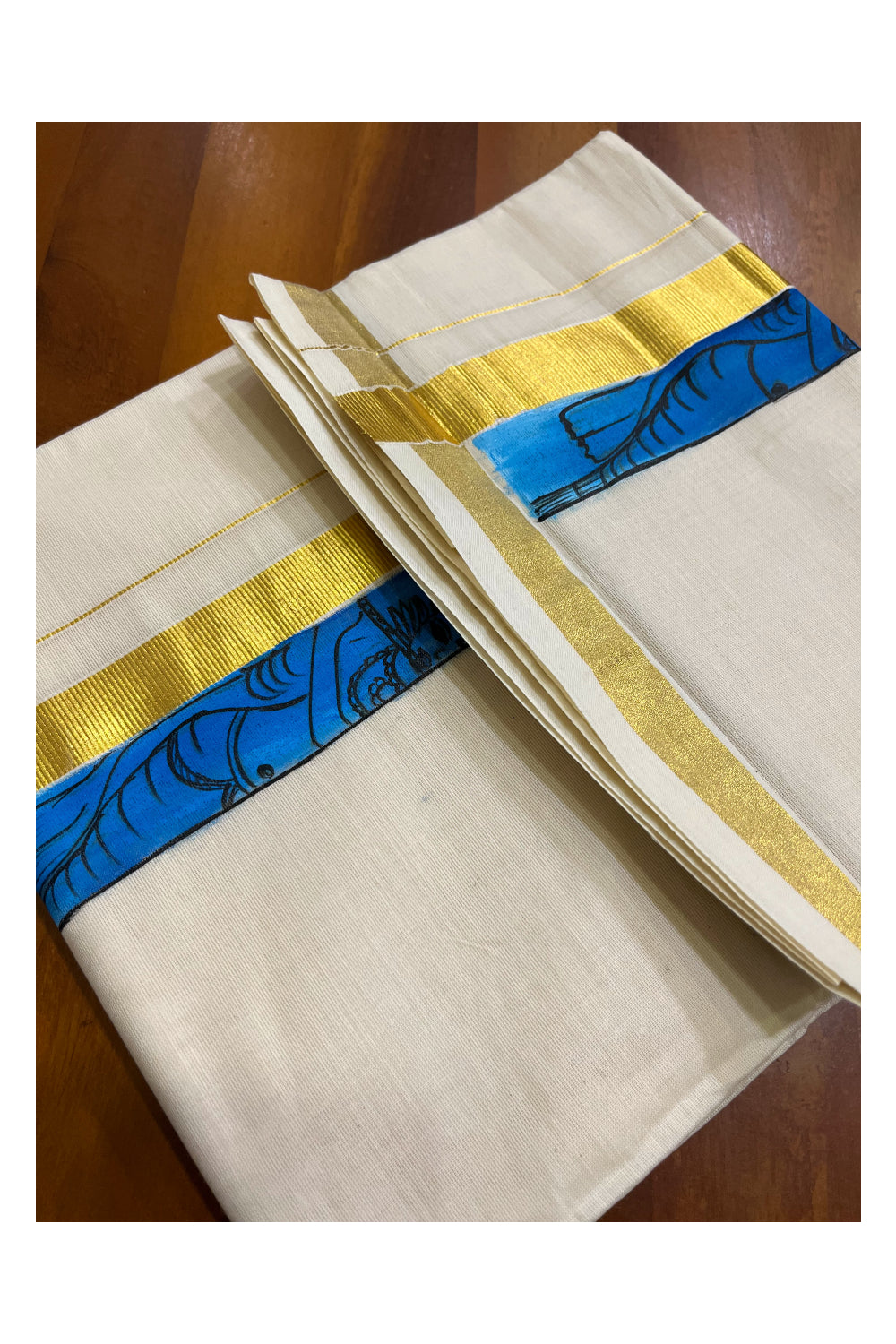 Kerala Pure Cotton Double Mundu with Hand Painted Designs on Kasavu Border(South Indian Kerala Dhoti)