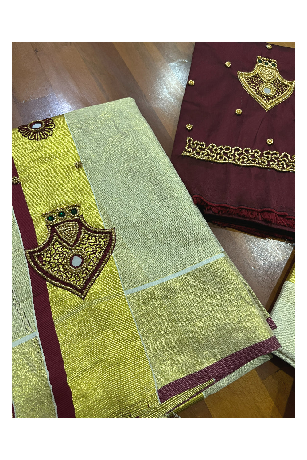 Kerala Tissue Kasavu Set Mundu (Mundum Neriyathum) with Handwork Design and Maroon Blouse Piece