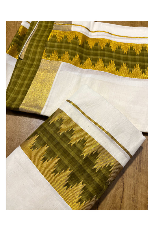 Kerala Cotton Single Set Mundu (Mundum Neriyathum) with Green Temple Applique Work Border 2.80Mtrs