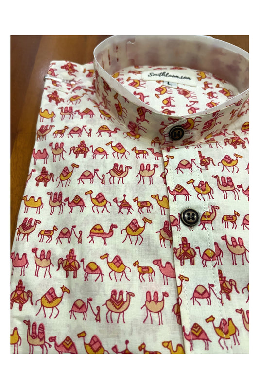 Southloom Jaipur Cotton Camel Hand Block Printed Mandarin Collar Shirt (Full Sleeves)