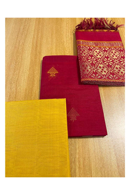 Southloom™ Original Handloom Cotton Pure Silk 3 Piece Red and Yellow Salwar Material with Woven Zari Butta Work