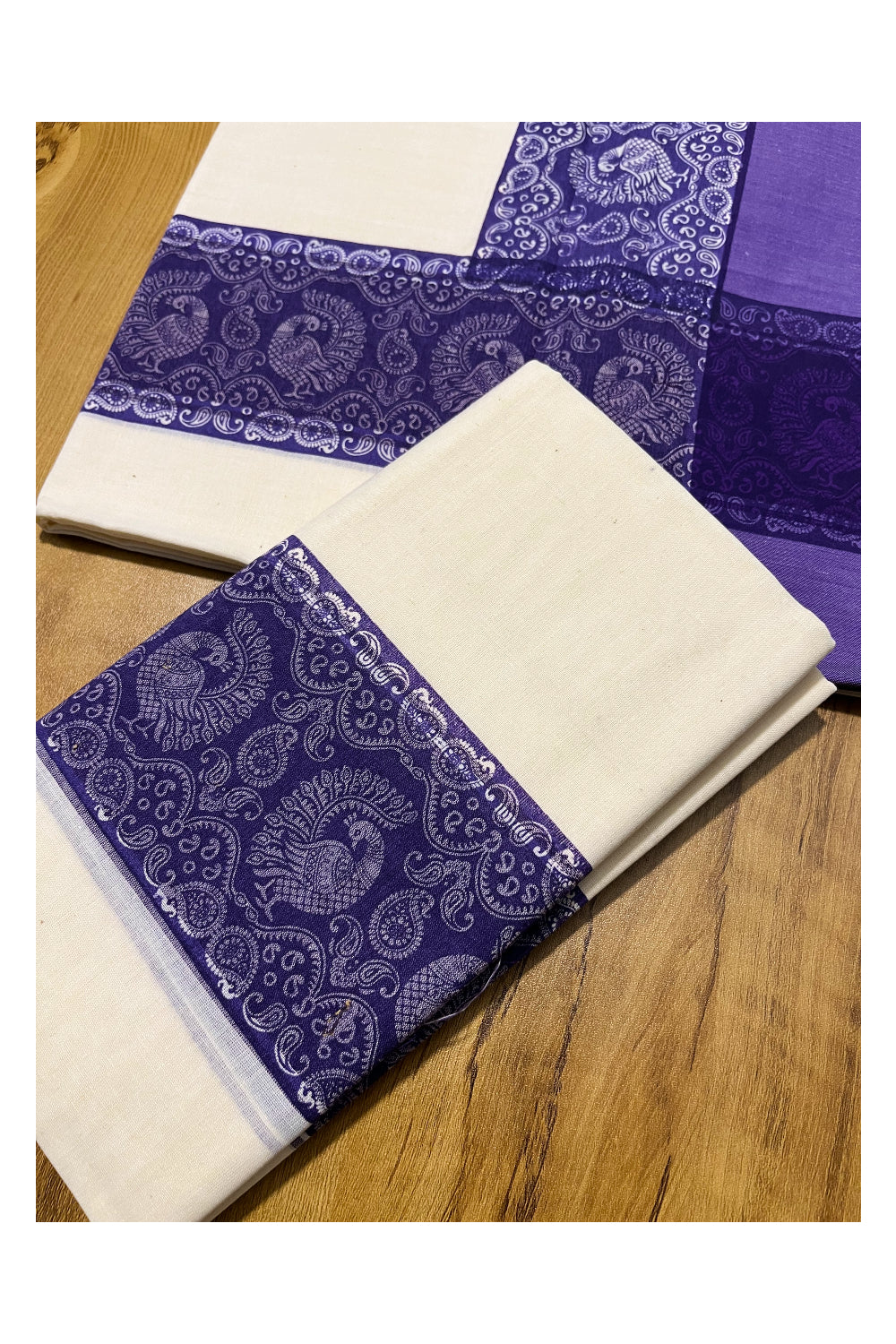 Kerala Cotton Single Set Mundu (Mundum Neriyathum) with Violet Block print Work Border 2.80Mtrs