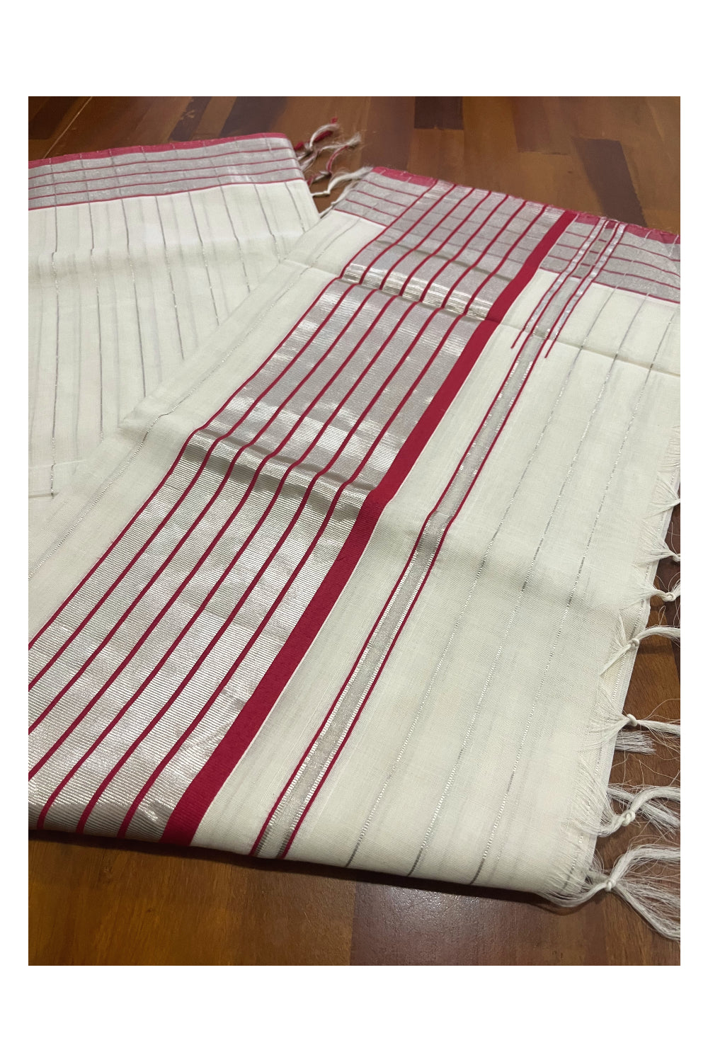 Southloom Premium Handloom Saree with Red Border and Silver Kasavu Lines Across Body