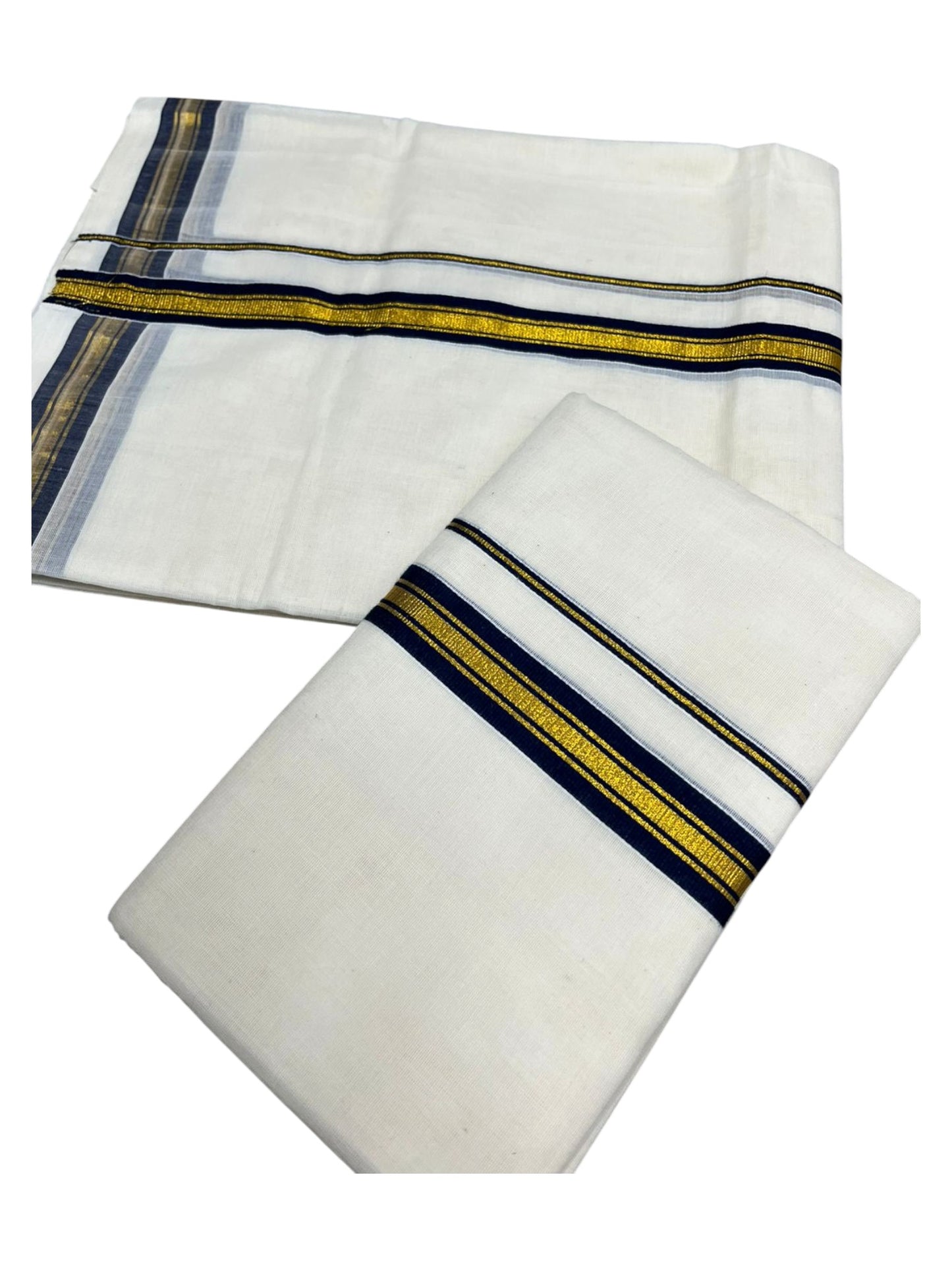 Pure Cotton Kerala Single Set Mundu (Mundum Neriyathum) with Dark Blue Kasavu Border in 2.80 Mtrs