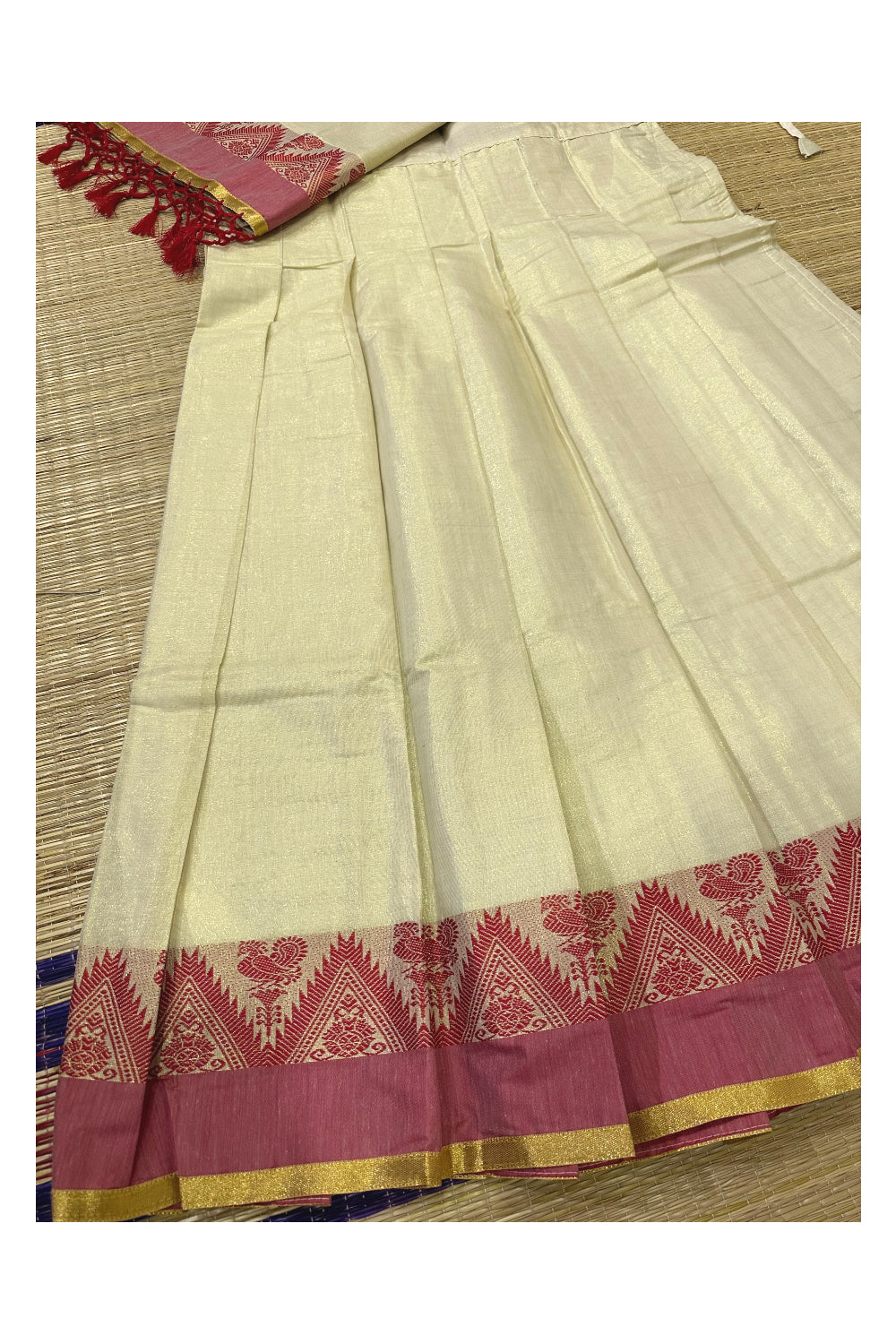 Semi Stitched Dhavani Set with Tissue Red Woven Pavada and Maroon Temple Blouse Piece