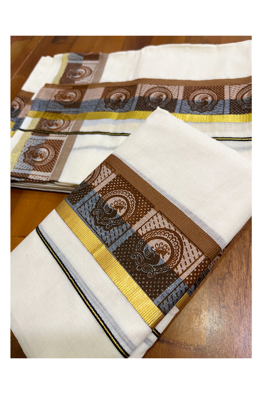 Kerala Cotton Kasavu Single Set Mundu (Mundum Neriyathum) with Blue and Brown Kara and Block Prints